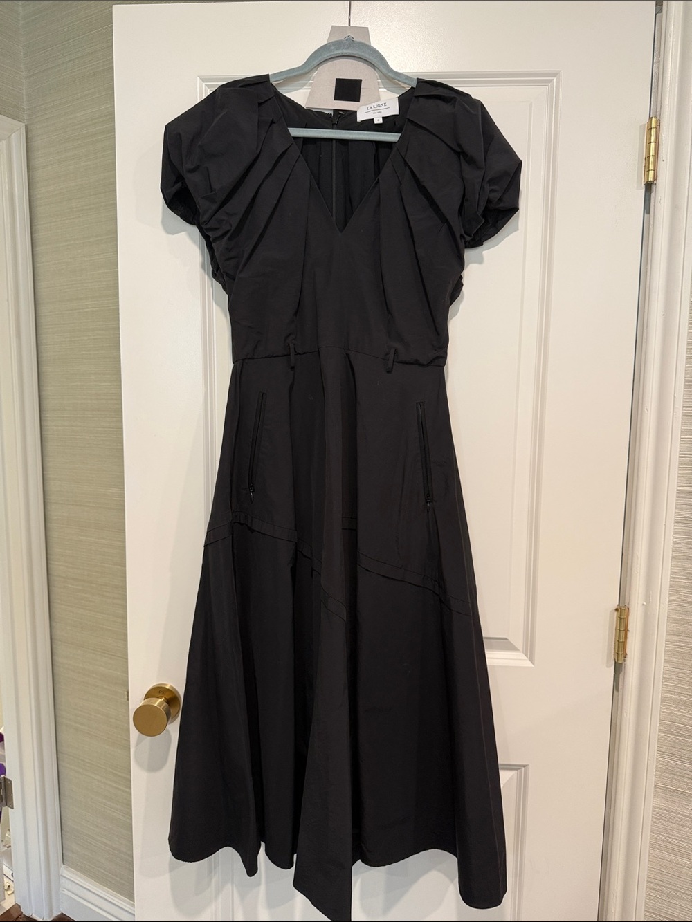 La Ligne Avalon Dress Black V-Neck Midi Dress with Puff Sleeves